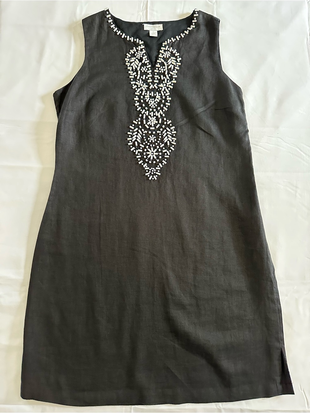 Charter Club Black Dress with White Beaded Neckline